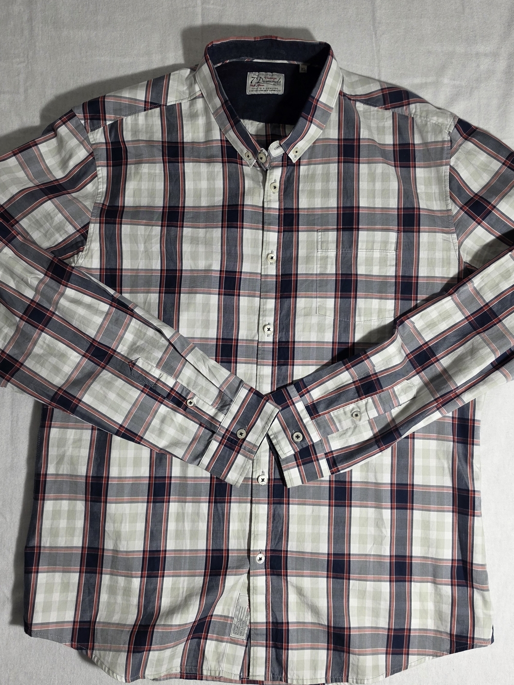 7 Diamonds White Navy Red Plaid Button-Down Shirt